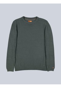 Grüner gestrickter Pullover mit geripptem Muster, Rundhalsausschnitt und seitlichen Akzenten. Verfügt über ein horizontales Muster entlang der Ärmel und des unteren Saums.