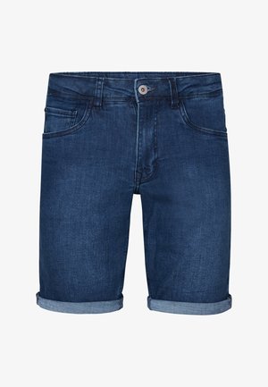 Mørkeblå denimshorts med rullet kant, for- og baglommer samt lynlås og knaplukning. Glat tekstur.