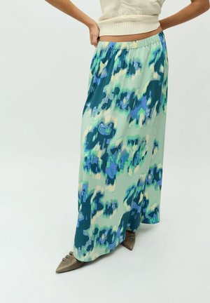 Maxi skirt in a flowing, lightweight fabric featuring a green and blue abstract pattern. Elastic waistband with a straight cut, ankle-length hem.