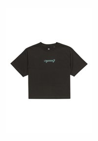 Black cotton t-shirt with a boxy shape, featuring teal skateboard graphic on the chest and short sleeves. Simple crew neckline.