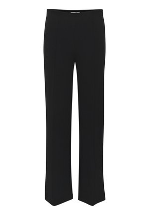 Black trousers with a straight-leg design, featuring a smooth fabric, no visible seams, and a flat waistband for comfortable wear.