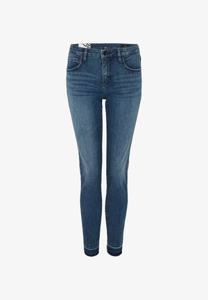 Skinny jeans in medium blue denim met een gladde textuur. Bevat vijf zakken, knoopsluiting en subtiele stikseldetails.