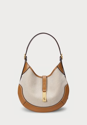 Handtasche aus Segeltuch und Leder in Hobo-Form. Verfügt über eine braune Lederbasis, goldene Beschläge und einen kontrastierenden beigen Körper mit Nahtakzenten.