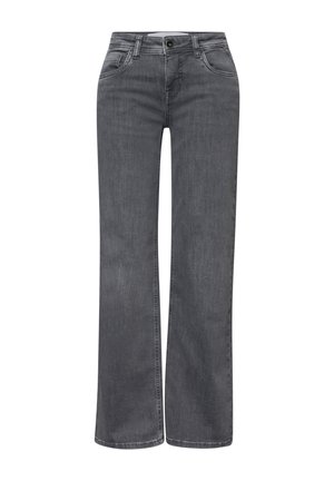 Graue High-Waist-Denim-Jeans mit geraden Beinen, vorderer Knopfleiste, Reißverschluss und Vordertaschen auf weißem Hintergrund.