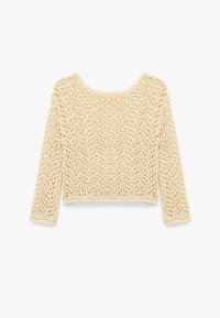 Maglione all'uncinetto in beige chiaro, caratterizzato da una vestibilità morbida, maniche lunghe, ampio scollo e motivo a punto aperto su tutta la superficie del tessuto.