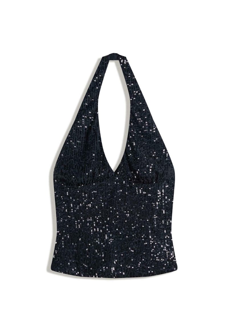 Top halter nero con scollatura a V profonda, realizzato in tessuto testurizzato decorato con piccole paillettes per un tocco di brillantezza.
