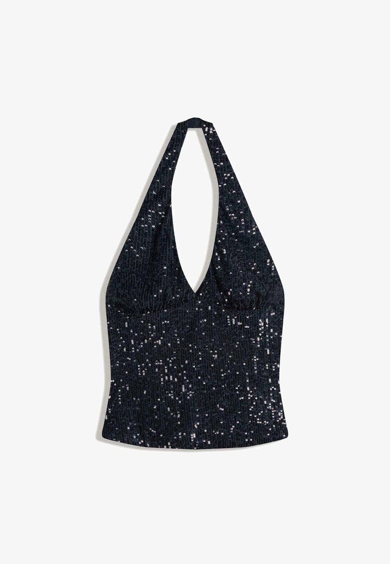 Top halter nero con scollatura a V profonda, realizzato in tessuto testurizzato decorato con piccole paillettes per un tocco di brillantezza.