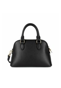 Borsa a mano in pelle nera con forma strutturata, manici superiori, tracolla removibile, dettagli in metallo dorato e superficie testurizzata.