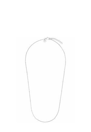Delicate silver chain necklace with small bead accents and an adjustable clasp at the top for length customization.