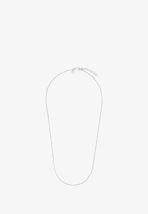 Delicate zilveren ketting met kleine kralenaccenten en een verstelbare sluiting bovenaan voor lengteaanpassing.