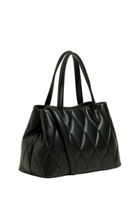 Borsa tote in ecopelle nera trapuntata con doppi manici, forma leggermente arrotondata e cuciture visibili, caratterizzata da una texture a motivo diamante.