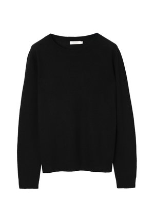 Schwarzer Pullover aus weichem Strickmaterial, mit rundem Ausschnitt und langen Ärmeln. Gerader Saum mit gerippten Bündchen und Bund.