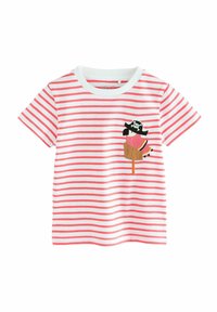 Stribet kortærmet t-shirt i hvid og koral. Har et pirat-tema broderet design på venstre bryst. Rund halsudskæring. Blødt stof.