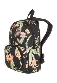 Zwarte rugzak met een bloemenpatroon van roze en oranje bloemen en groene bladeren. Inclusief een voorkantvak en verstelbare schouderbanden.