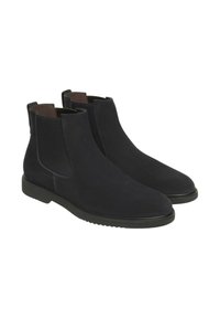 Un paio di stivali neri in suede alla caviglia con pannelli laterali elasticizzati e linguette di pull, suole in gomma piatta, mostrati da un angolo frontale.