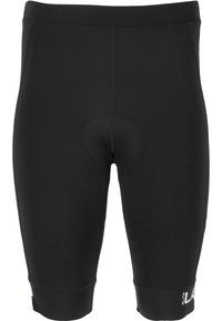 Cycling shorts neri realizzati in tessuto elastico, con un inserto imbottito, cuciture lisce e un design aderente con un logo sull'orlo.