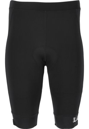Schwarze Radfahrer-Shorts aus dehnbarem Stoff, mit gepolstertem Einsatz, glatten Nähten und eng anliegendem Design mit einem Logo am Saum.
