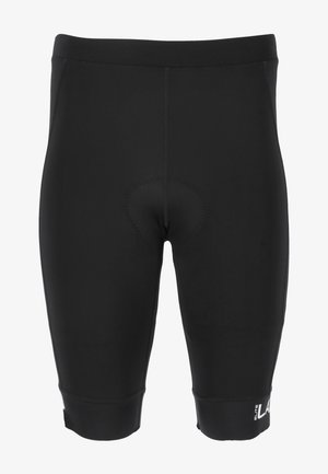 Schwarze Radfahrer-Shorts aus dehnbarem Stoff, mit gepolstertem Einsatz, glatten Nähten und eng anliegendem Design mit einem Logo am Saum.