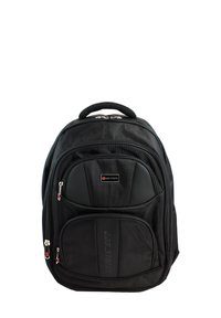 Sac à dos noir avec un tissu texturé, plusieurs compartiments zippés, poignée renforcée et patch logo à l'avant.