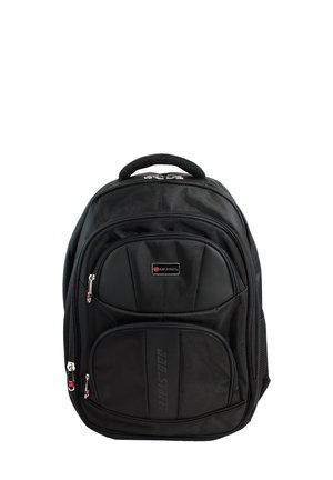 Black backpack with a textured fabric, multiple zipped compartments, reinforced handle, and logo patch on the front.
