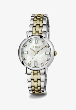 Sølv- og guldto-tone armbåndsur med en rund urskive i perlemor, klare og rektangulære krystalmarkører og guldvisere.