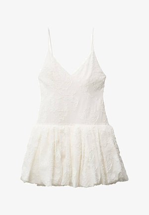 Abito bianco con spalline sottili, scollatura a V, corpino in pizzo a campana con motivo floreale e gonna vaporosa. Tessuto leggero.