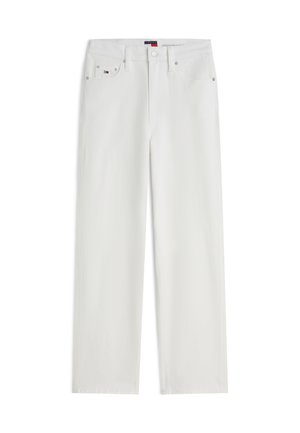 Λευκά τζιν ψηλόμεσα με ίσια γραμμή στα πόδια, κλείσιμο με κουμπί και φερμουάρ, σχέδιο πέντε τσεπών, και μικρό λογότυπο Tommy Hilfiger στο πορτοφόλι.