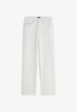 Hvite høye, rette jeans med knapp- og glidelåslukking, femlommers design og liten Tommy Hilfiger-logo på myntlommen.