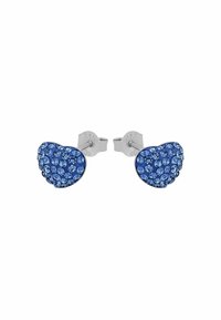 Blå hjärtformade klämbelägg med flera facetterade blå kristaller, inlagda i en silverfärgad metallbakgrund. Har en tryckåterställningssats.