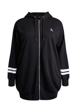 Czarna bluza z kapturem zapinana na zamek, z kapturem ze sznurkiem, zdobiona małym logo i białymi paskami na rękawach. Wykonana z miękkiego, teksturowanego materiału.