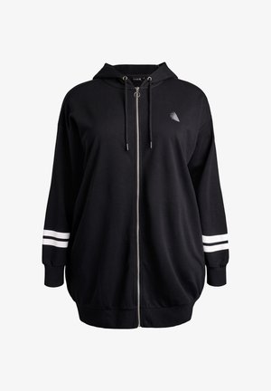 Czarna bluza z kapturem zapinana na zamek, z kapturem ze sznurkiem, zdobiona małym logo i białymi paskami na rękawach. Wykonana z miękkiego, teksturowanego materiału.