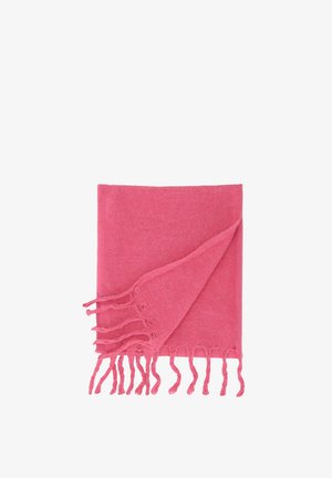 Pink soft woven scarf with fringed ends, partially folded showing texture on white background.