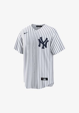 Maillot de baseball blanc avec des rayures bleues, fermeture à boutons sur le devant, avec un logo marine sur la poitrine et une étiquette sur l'ourlet.
