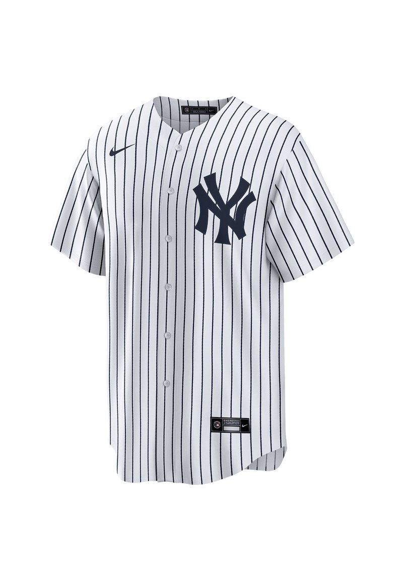 Witte honkbalshirt met blauwe streepjes, voor sluiting met knopen, met een marineblauw logo op de borst en een label aan de zoom.