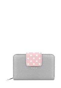 Gray wallet with pink polka dot magnetic flap, textured exterior, branded "VUCH" on the front, zip closure at the bottom.