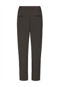 Pantalon sur mesure marron foncé avec poches passepoilées à l'arrière, passants pour ceinture, et coupe droite, vu de dos.