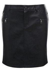 Czarna skórzana spódnica o gładkiej fakturze; posiada dwie zapinane na zamek kieszenie po bokach oraz dopasowany krój, z zapięciem na guziki z przodu i prostym dołem.