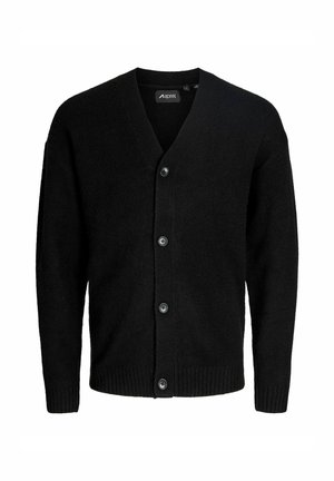 Cardigan nero realizzato in morbido materiale, con scollatura a V, sei bottoni frontali e polsini e orlo a coste. Design semplice.
