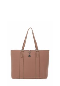 Sac fourre-tout en cuir rose pâle avec deux poignées supérieures, des accents de couture verticale et un charm décoratif attaché à l'avant.