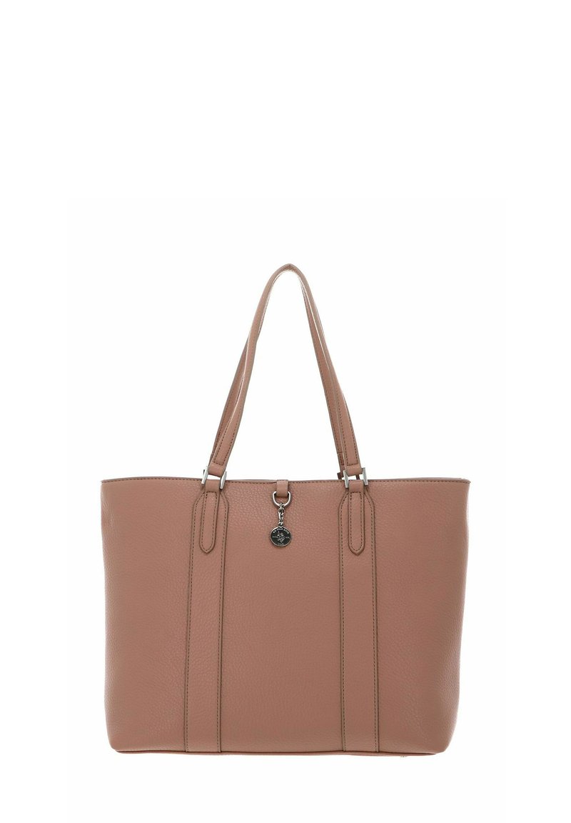 Sac fourre-tout en cuir rose pâle avec deux poignées supérieures, des accents de couture verticale et un charm décoratif attaché à l'avant.