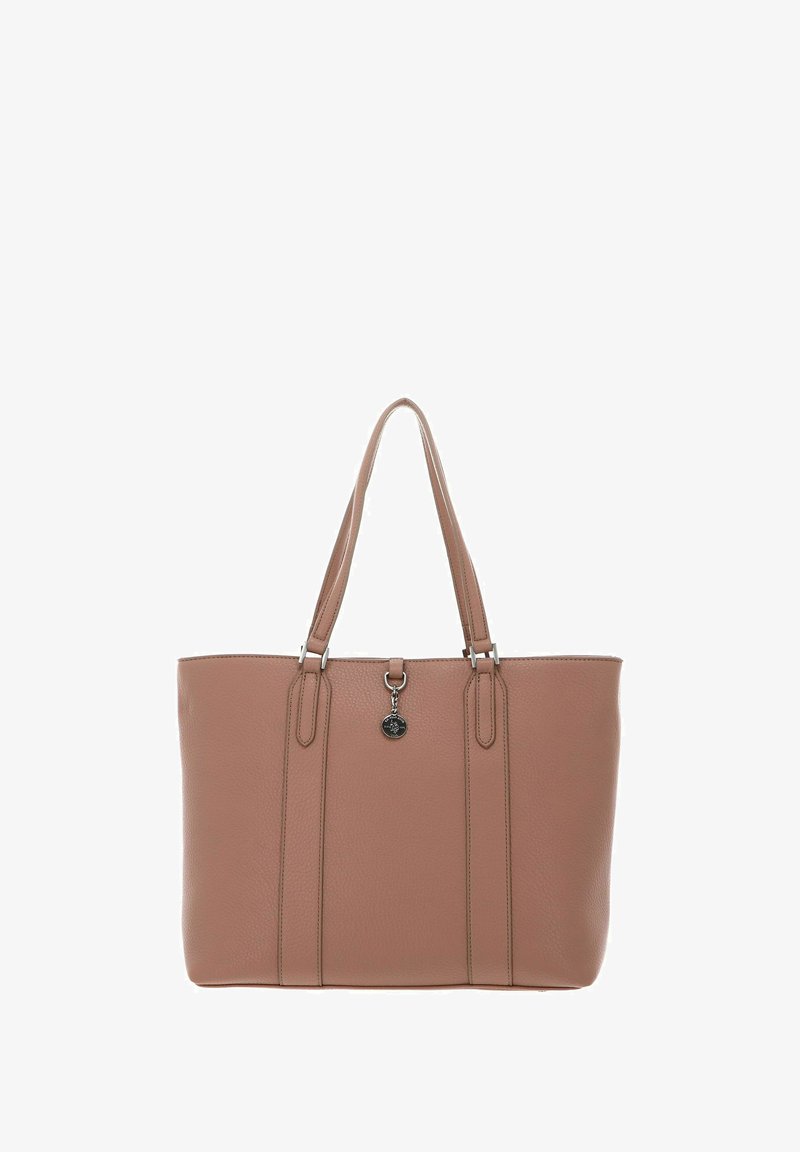 Sac fourre-tout en cuir rose pâle avec deux poignées supérieures, des accents de couture verticale et un charm décoratif attaché à l'avant.