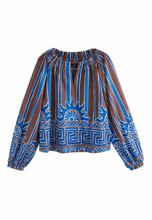 Bluză maro cu dungi verticale albastre și albe, modele cu soare și geometrice, guler și manșete elastice, mâneci lungi bufante.