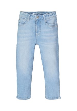 Lichtblauwe spijkerbroek met voorzakken, lussen voor een riem, knoopsluiting en korte pijpen met kleine zijsplitten.