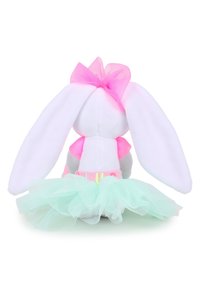 Γεμιστό κουνελάκι με μακριά λευκά αυτιά, ροζ φιόγκο και φούστα τούτου σε απόχρωση μέντας. Διαθέτει απαλή υφή από βελούδο και φωτεινή ροζ ζώνη μέσης.