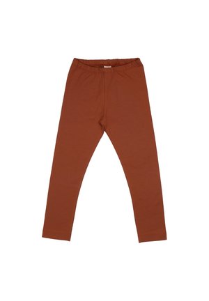 Rust brown children's leggings with elastic waistband, slim fit, and ankle-length cut on a white background.