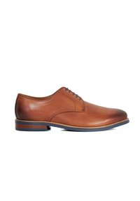 Brown leather dress shoe with a smooth finish, round toe, and five eyelet lace design. Features a slightly raised heel with blue accents.
