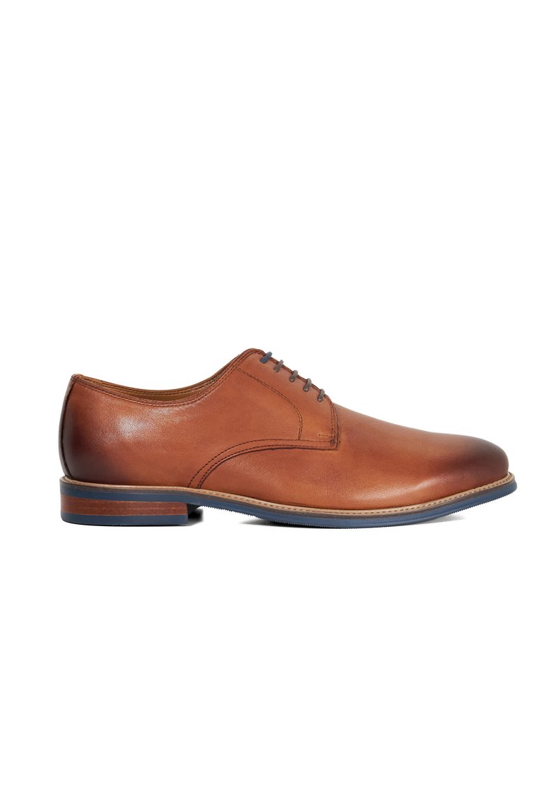 Brown leather dress shoe with a smooth finish, round toe, and five eyelet lace design. Features a slightly raised heel with blue accents.