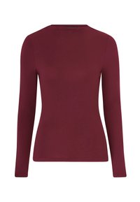 Bordeaux langwerpige fitted top met een ronde halslijn. Gemaakt van gladde stof met een lichte rek. Geen zichtbare patronen of accenten.