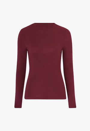 Haut ajusté à manches longues bourgogne avec un col rond. Fabriqué dans un tissu lisse avec une légère élasticité. Pas de motifs ou d'accents visibles.