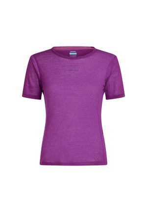 Purple short-sleeve shirt made of textured fabric, featuring a round neckline and subtle logo detail. Lightweight and breathable design.